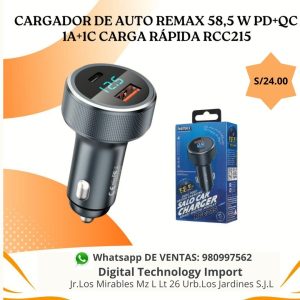 Cargador de Auto Remax RCC215 – 58.5 W PD + QC Carga Rápida (1A + 1C)