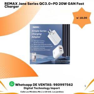 Cargador Remax Jane Series QC3.0 + PD 20W GAN Fast Charger