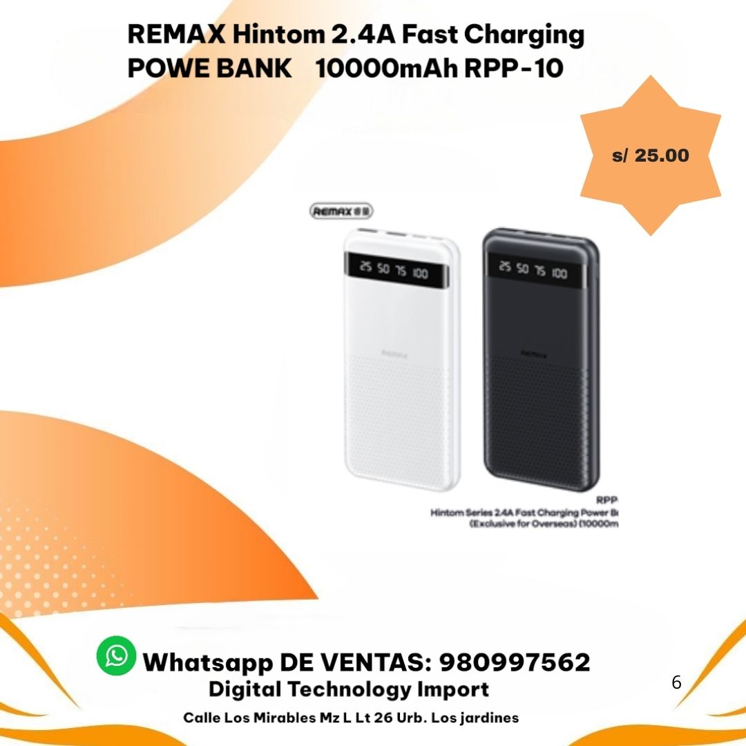 Power Bank REMAX Hintom RPP-10 10000mAh con Carga Rápida 2.4A