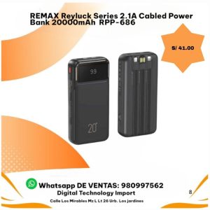 Power Bank REMAX Reyluck RPP-686 20000mAh con Cables Integrados 2.1A