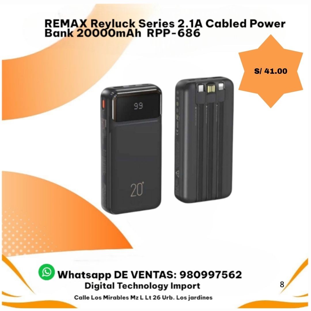 Power Bank REMAX Reyluck RPP-686 20000mAh con Cables Integrados 2.1A